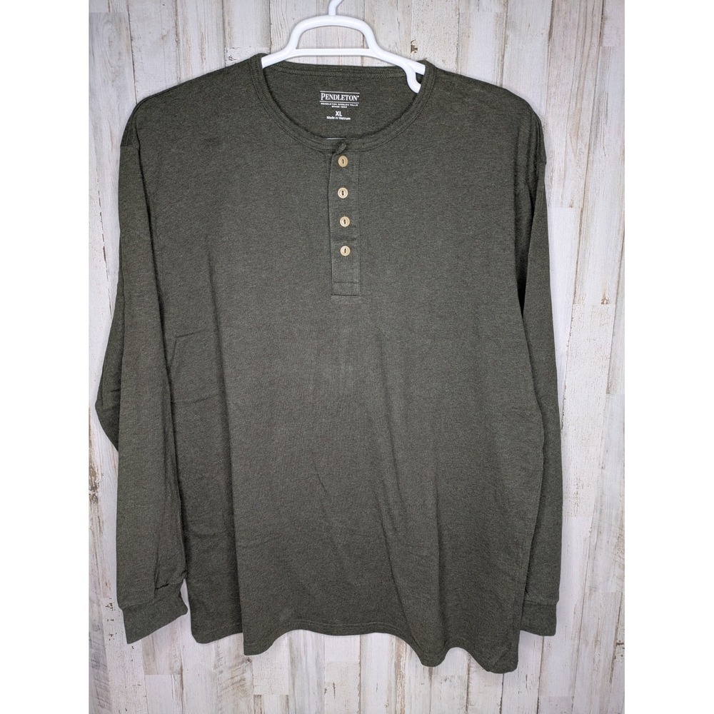 Pendleton Mens XL Long Sleeve Cotton Henley Tee Green Outdoor Gorp